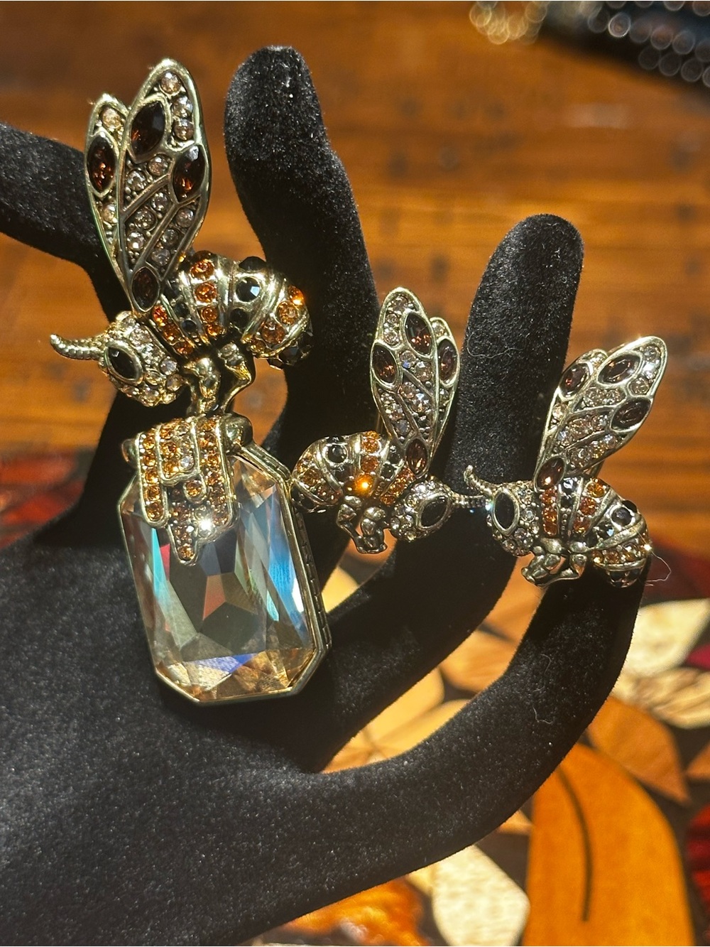 Heidi Daus Gold-Tone Bee Brooch/Earring with Clear Faceted Stone & Amber Accents